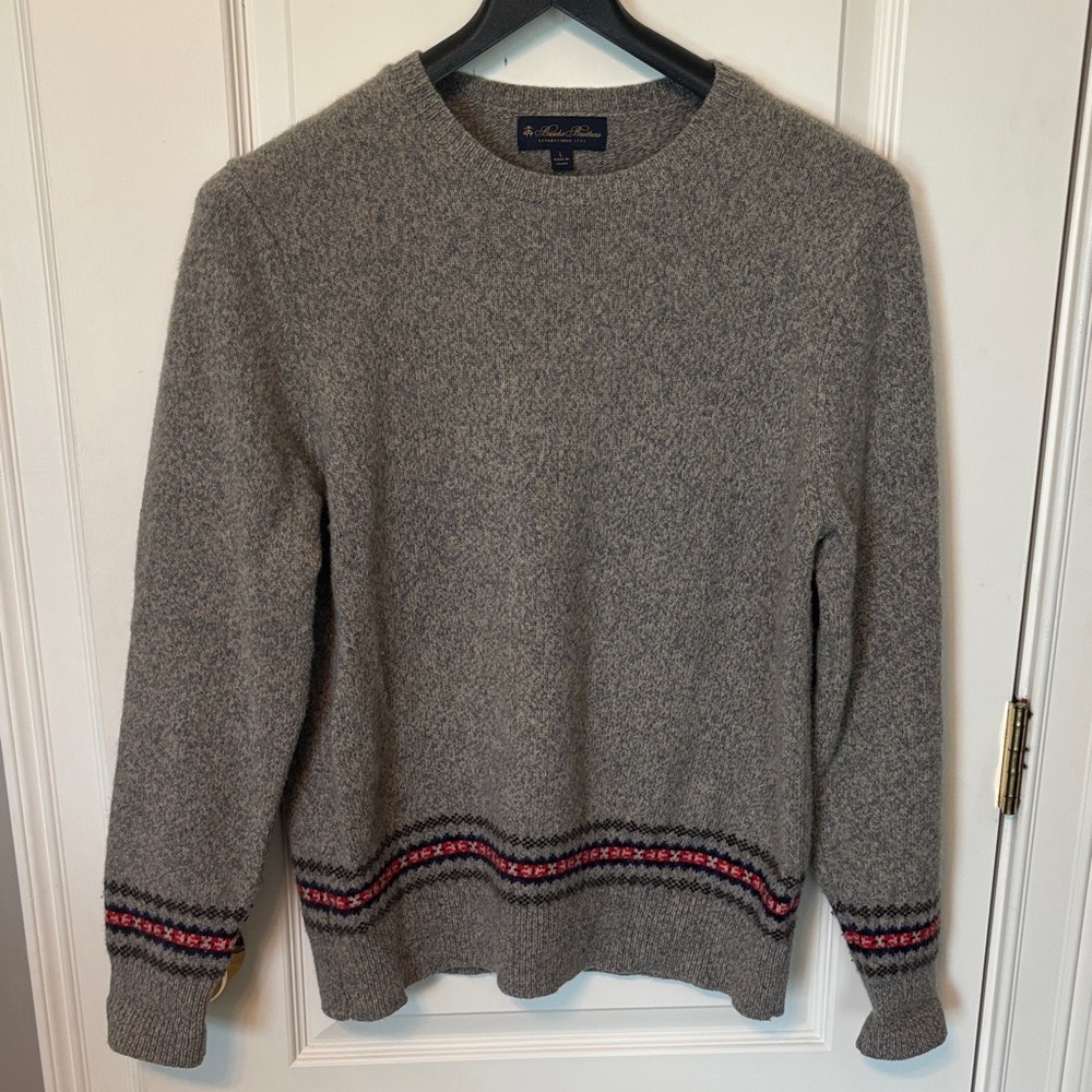 Brooks Brothers Gray Crewneck Sweater with Red, Blue, and Green Accents Sz L